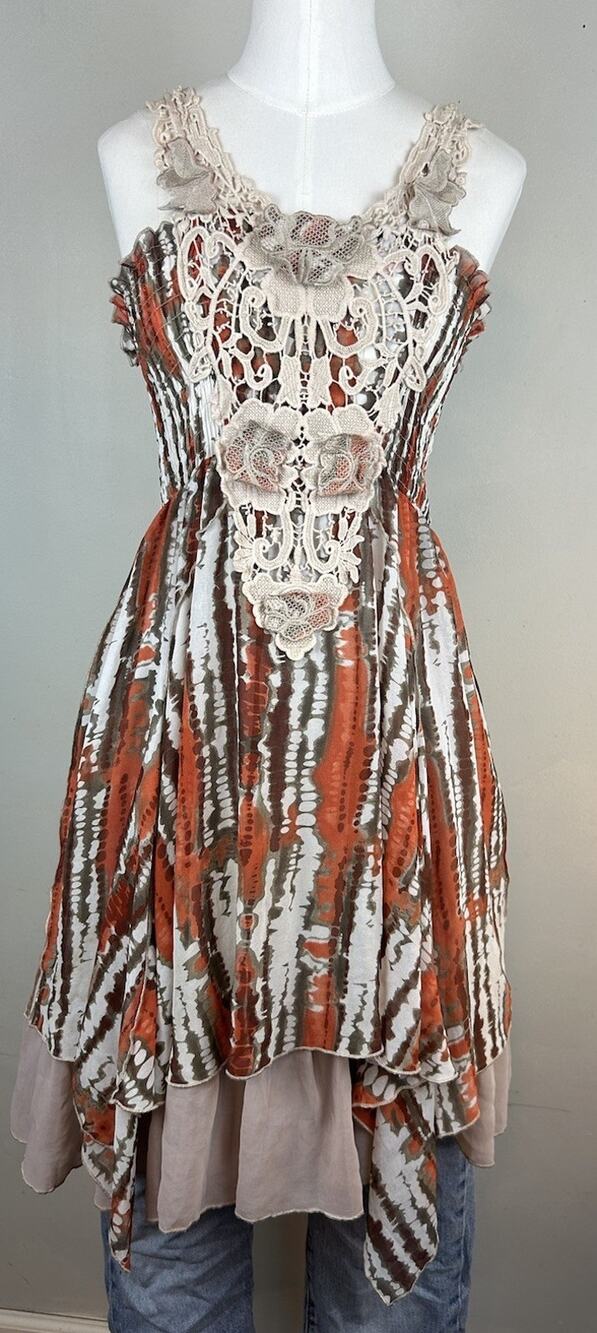 Ryu Earthy Fairycore Lace Crochet Dress Sz M Chiffon Orange Beige Handkerchief